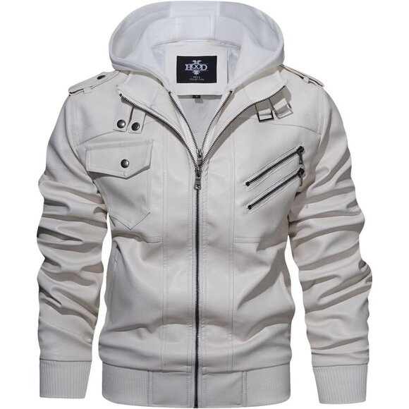 🆕 Hood Crew PU Faux Leather Zipper Jacket Women White Stand Collar Bomber Hood - Picture 1 of 6